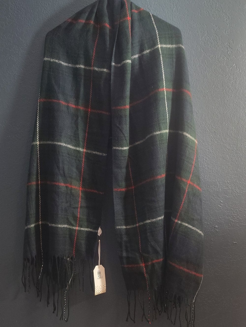 Chalet Black Plaid Fringe Wrap Scarf with Red & Green Accents 22x70 NWT